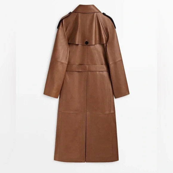 Massimo Dutti leather trench coat brown belted classic casual jacket - Picture 4 of 13